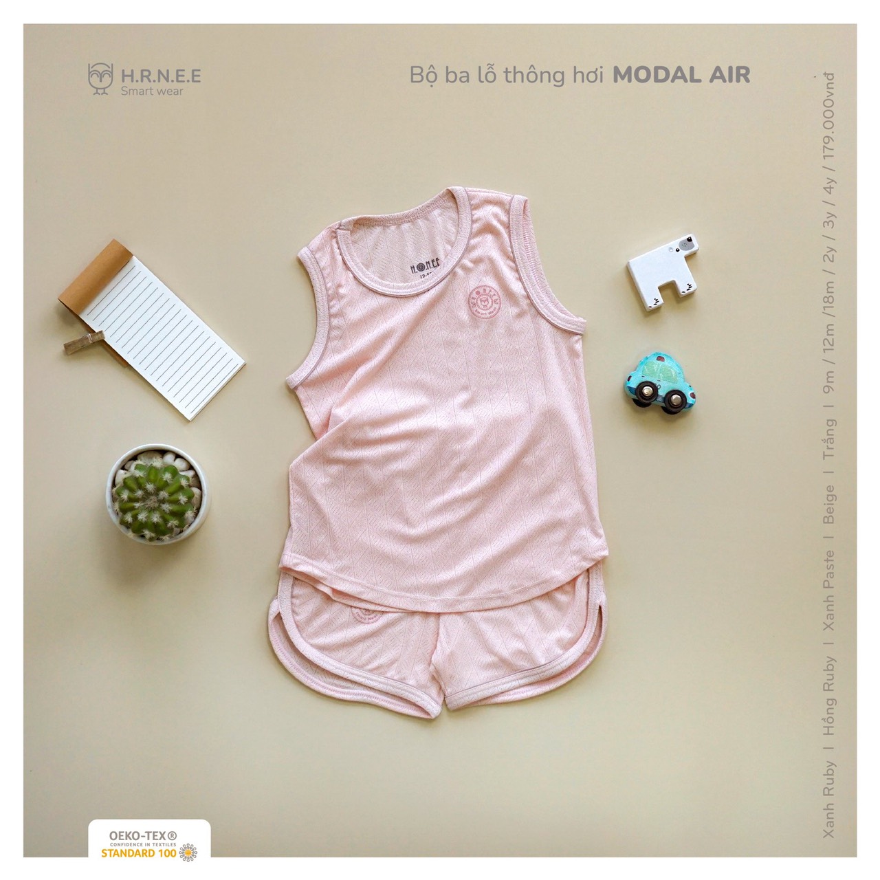 Bộ ba lỗ modal gỗ sồi Hrnee cho bé 9m - 4Y