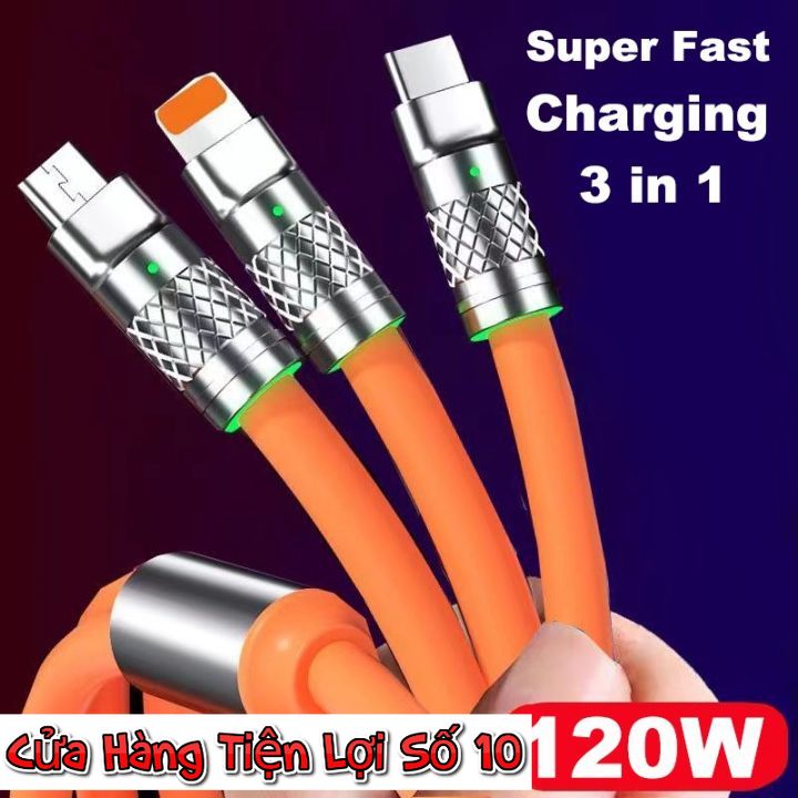 Cáp sạc 3 đầu silicon đa năng, sạc nhanh 120w, bọc thép
