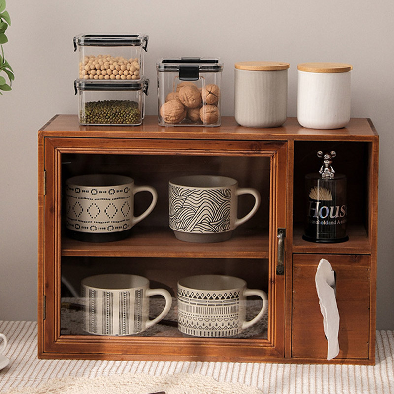 Storage rack with tissue box retro double-layer wooden tea set desktop storage box cup dust-proof cabinet
