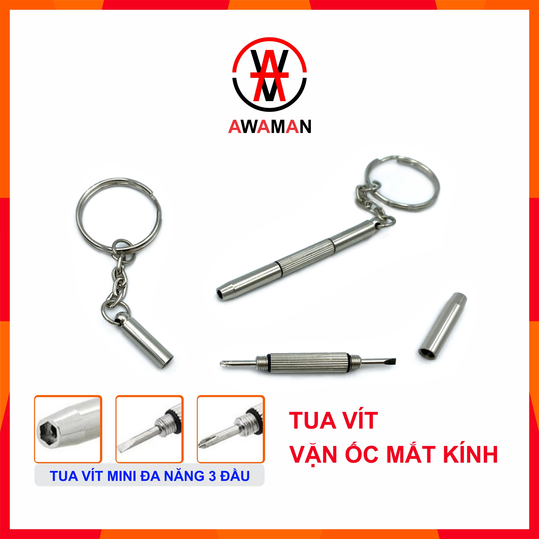 Tua Vít vặn ốc mắt kính đa năng 3 đầu chuyên dụng - Móc chìa khóa tua vít