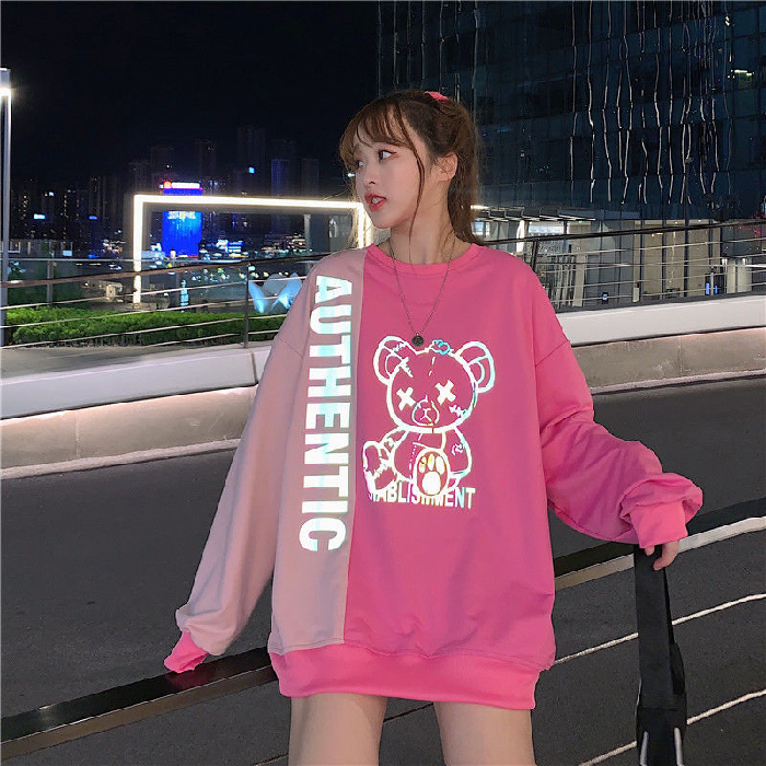 MBeauty Women's spliced loose round neck sweatshirt pullover bear