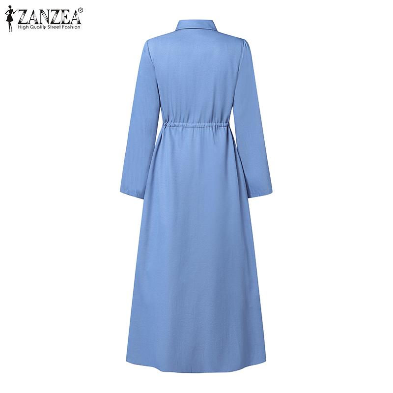 ZANZEA%20Korean%20Style%20Women%20Girlish%20Streetwear%20Lapel%20A-Line%20Long%20Dresses%20Full%20Sleeve%20Drawstring%20Solid%20Dress%20-%20Image%206