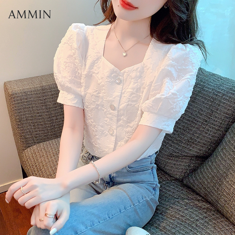 AMMIN Korean style ladies puff sleeve square neck chiffon shirt 2022 new summer thin cardigan fashion temperament short sleeve white chiffon top