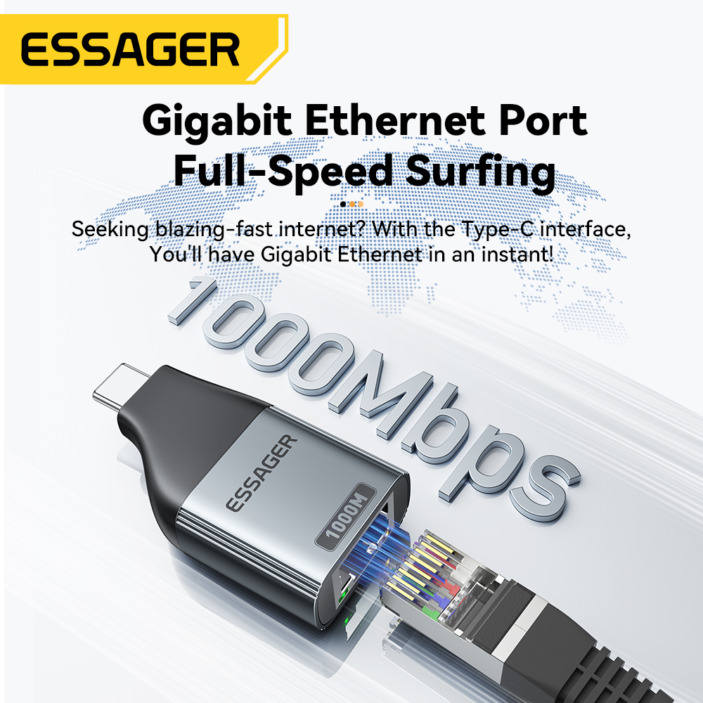Essager Type-C to Ethernet Adapter 100/1000Mbps Gigabit High-Speed RJ45 To Type-c Adapter For MacBook Laptop Wired Network Card. 