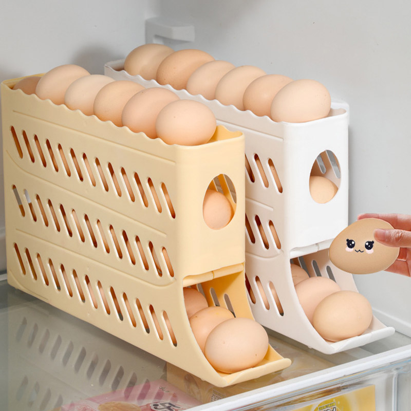 Houseeker Refrigerator Egg Storage Box Automatic Scrolling Egg Holder Rack Kitchen Dedicated Roll Off Egg Organizer Shelf
