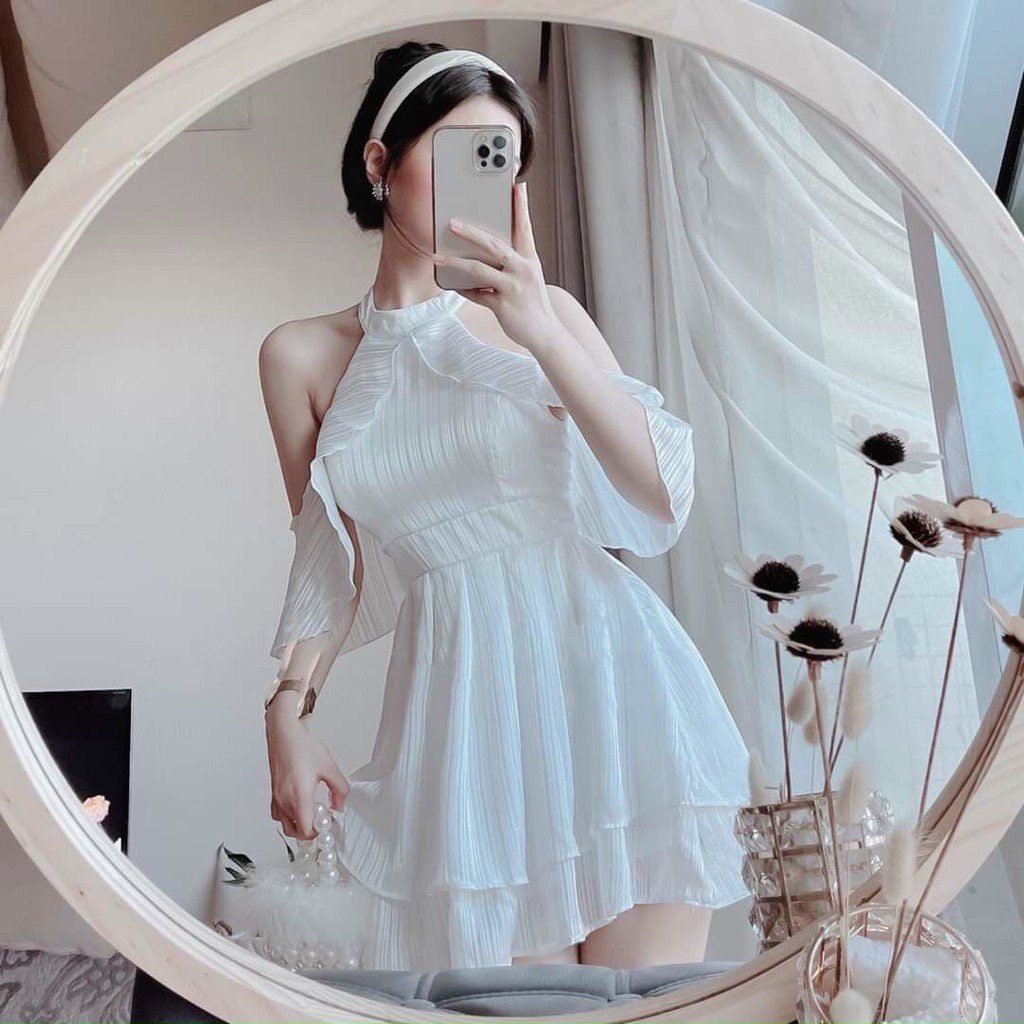 Đầm váy dáng xòe cổ tròn rớt vai trắng đen dự tiệc dạo phố by8459