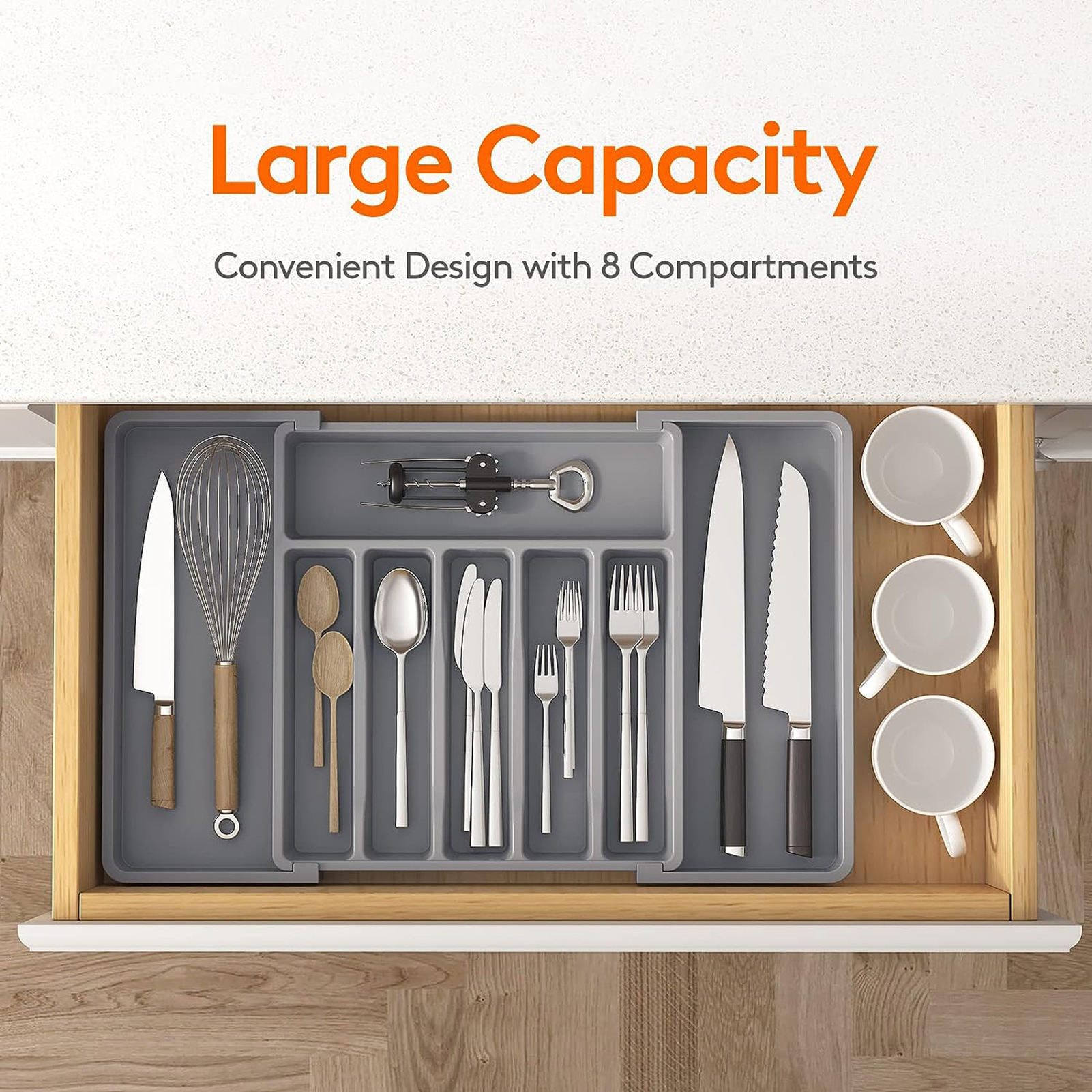 TuPAC24 Expandable Cutlery Organizer Storage Tray Organizer Adjustable Kitchen Drawer Organizer 8 Compartments for Easy Sorting less Than