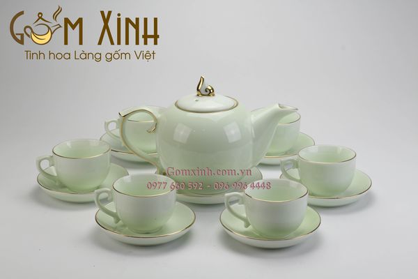 Bộ ấm chén Bát Tràng Chóp lửa men xanh ngọc vàng kim
