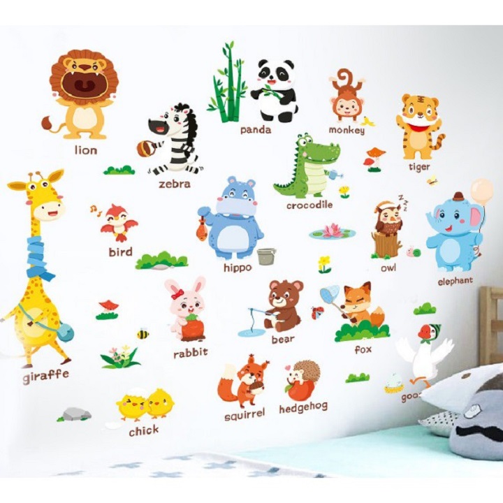 Decal dán tường hình thú kèm tiếng anh mới