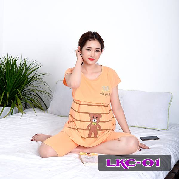 Bộ đồ bầu và sau sinh kẻ cam, 100% cotton
