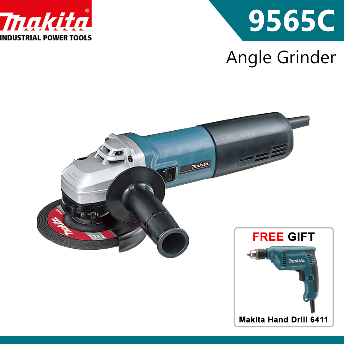 Makita 9565C Angle Grinder 125mm (5″), 1400W [w/ FREE Makita Hand Drill