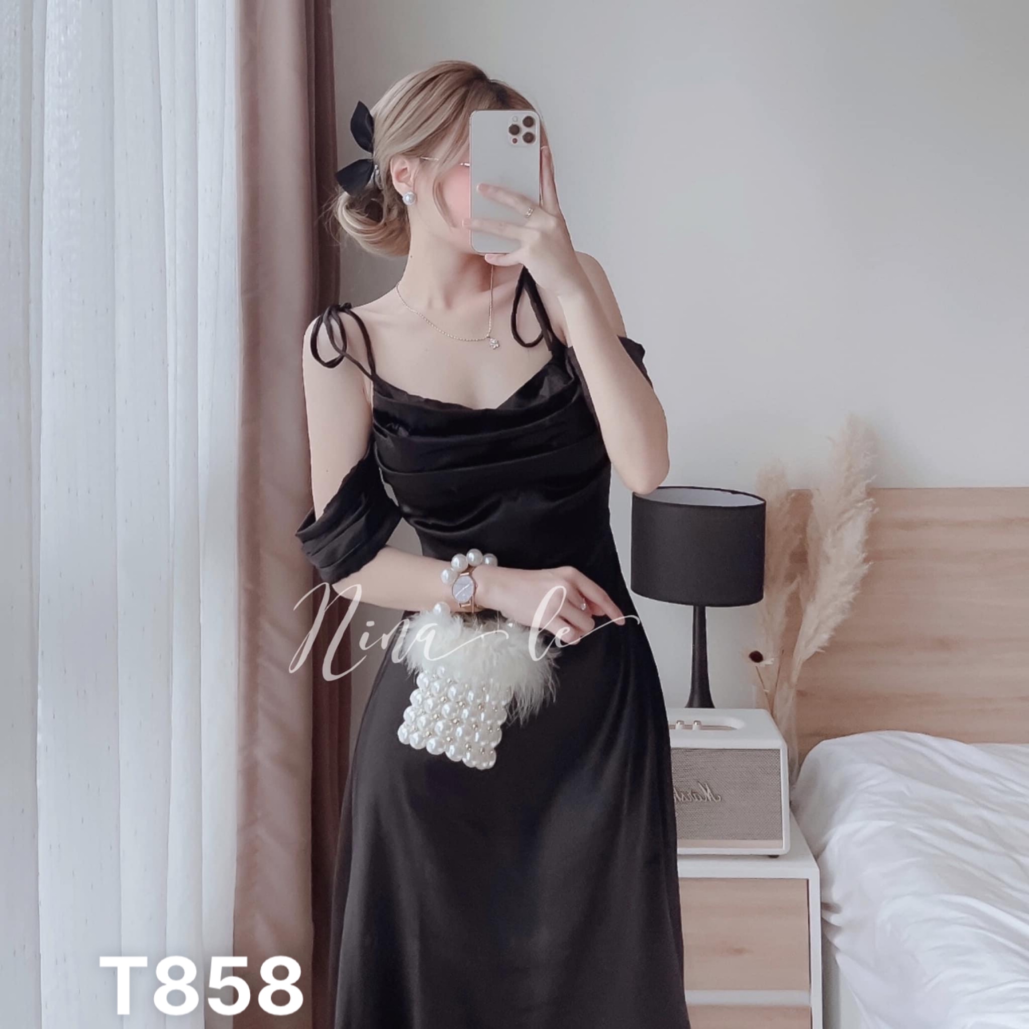 Đầm 2 dây cổ đổ có mút cao cấp dự tiệc dạo phố lụa satin T858
