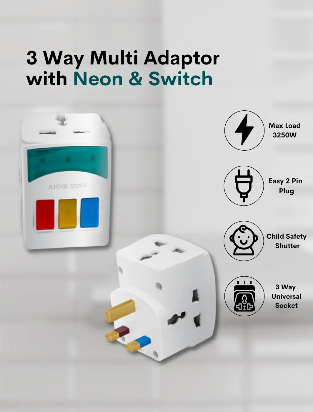 3 Way Adapter Multi Switch Socket Adaptor With LED Indicator 3 Switches Neon Light. 