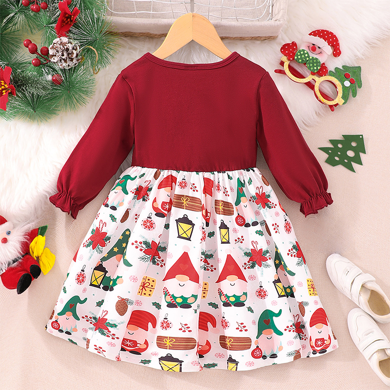 Girls Christmas Dress Vintage Santa Claus Print Round Neck Long