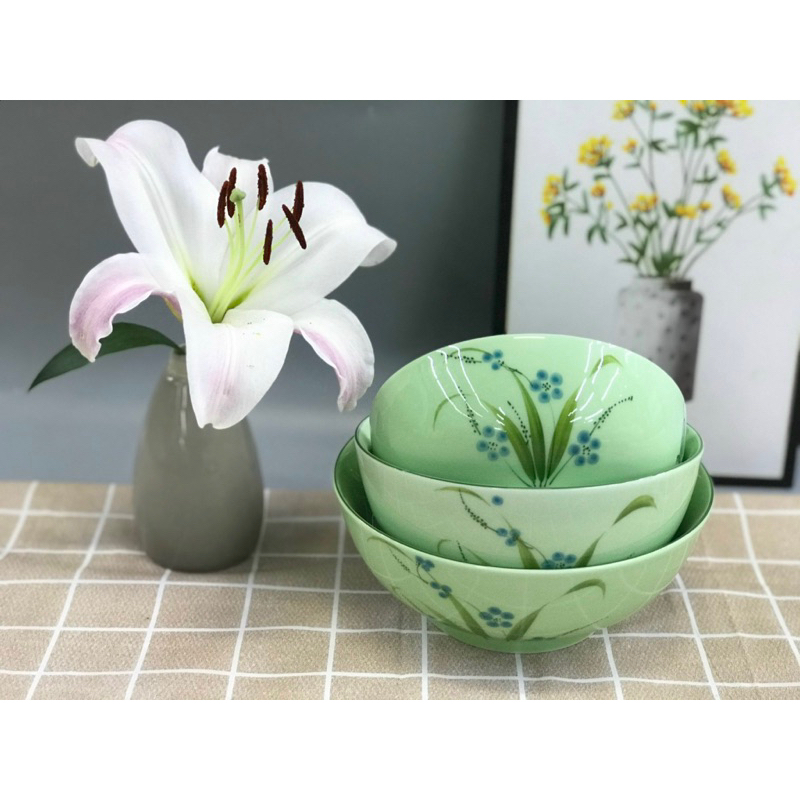 Bộ bát đĩa gốm sứ Bát tràng - Bán lẻ món - Men ngọc vẽ chuồn cỏ siêu đẹp - Sản xuất tại xưởng Gốm Hạnh