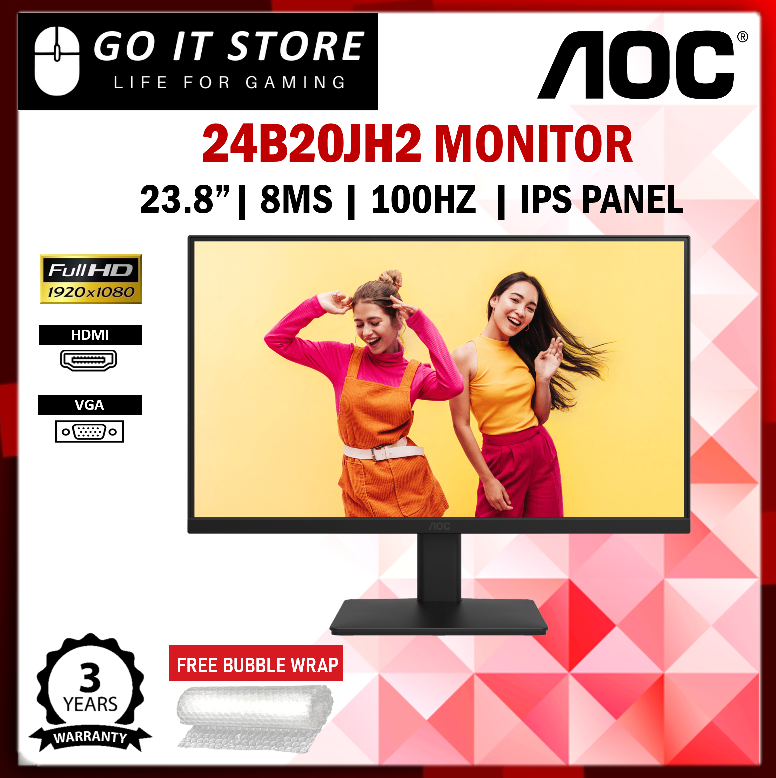 AOC Monitor 24B20JH2 100Hz 8ms IPS FHD Frameless Design Monitor (VGA ...