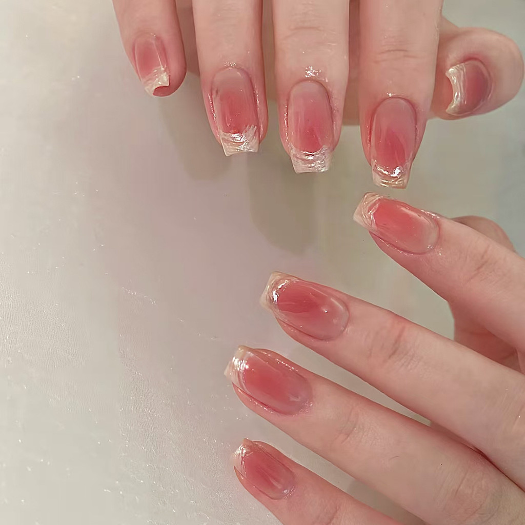 24Pcs Edge White Braided French Girl Pink Fake Nails with Glue DIY Art Design False Nails Wearable Artificial Nails. 