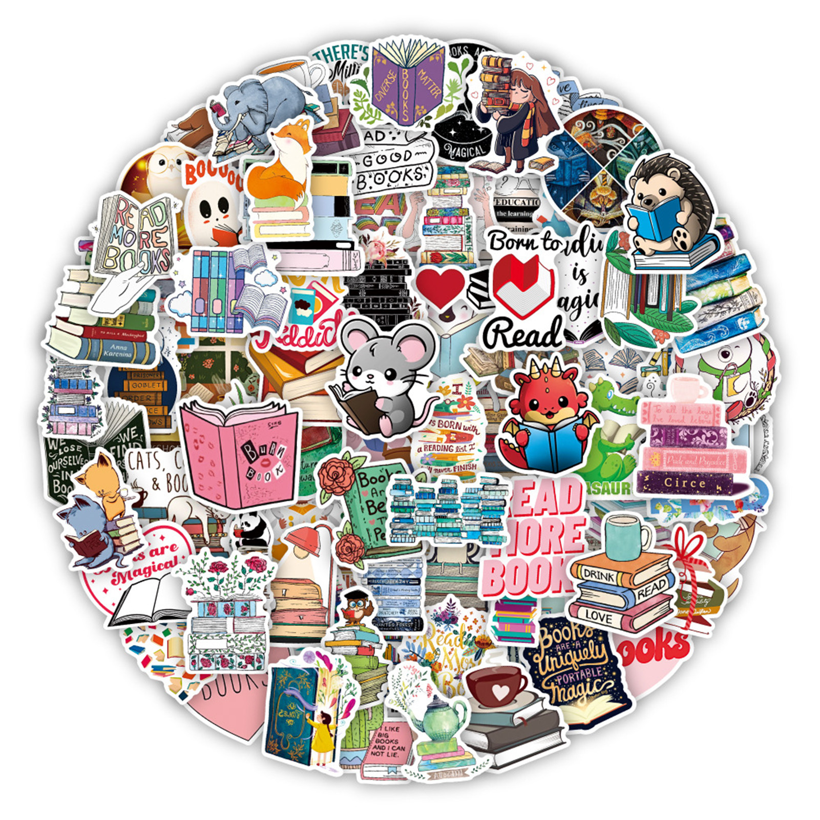 100Pcs/Bag Book Reading Sticker Waterproof PVC Self-adhesive DIY Phone Cover Cup Luggage Skateboard Laptop Scrapbook Graffiti Decal Kit