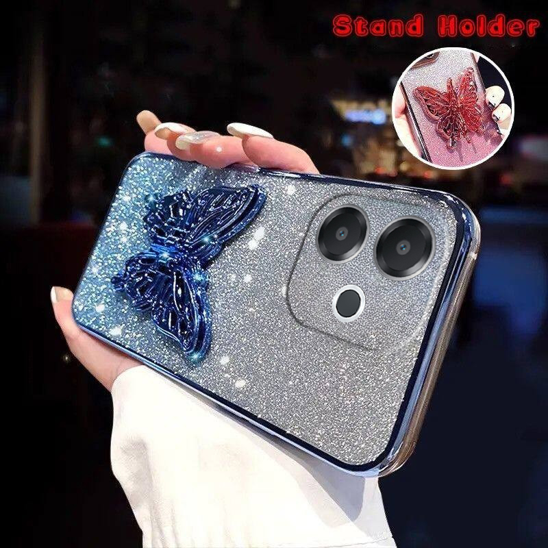 For OPPO A5 Pro Case with Cute Butterfly Stand Luxury Slim Gradient Clear Plating Glitter Girls for OPPO A5 Pro 5G Back Cover. 
