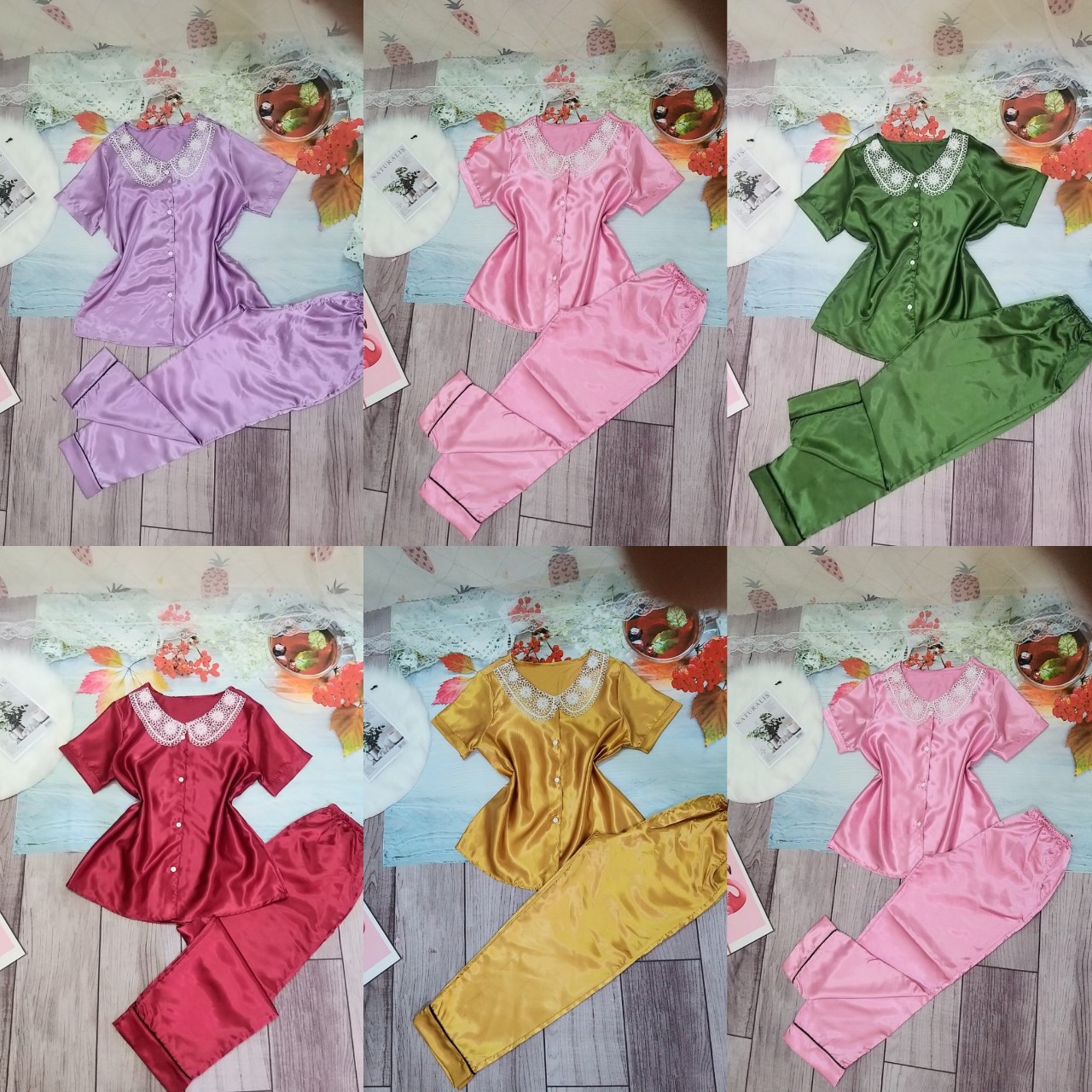 Set Pijama Tay Ngắn Tiểu Thư Siêu Xinh  Đồ Bộ Pijama Tay Ngắn Nữ Vải Phi Bóng Freesize dưới 58kg