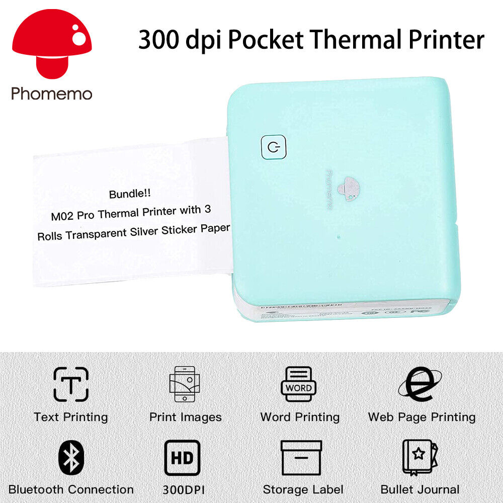 Phomemo M02 Pro Pocket Thermal Bluetooth Printer 300dpi Mini Maker Machinee  Compatible w/ iOS and Android for Photo Printing, Plan Journal, DIY Cards,  List, Travel, Work and Study, 