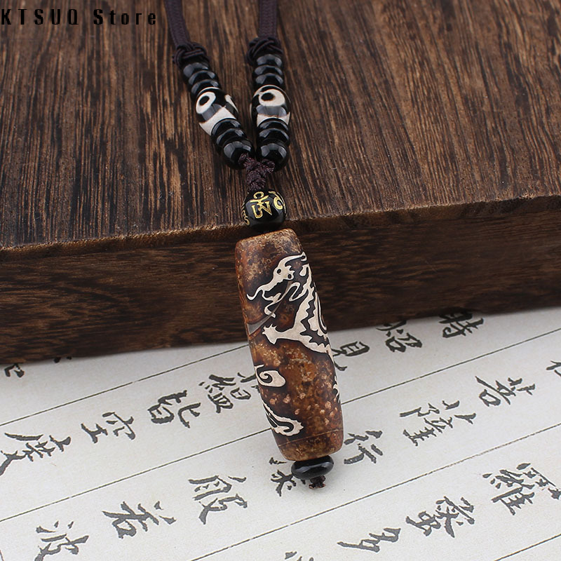 KTSUQ Store Handcrafted Tibetan Agate Dzi Beads Dragon Pendant Necklace in Malaysia