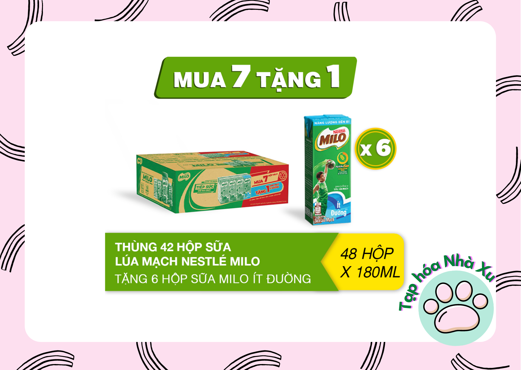 Thùng 48 hộp sữa Milo lúa mạch 180ml có đường, ít đường