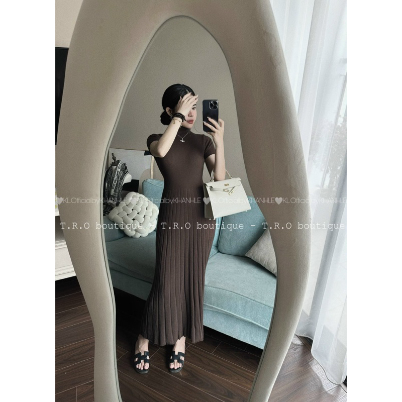 AA18-Đầm len xếp ly mỏng dáng dài tay cộc có cổ
