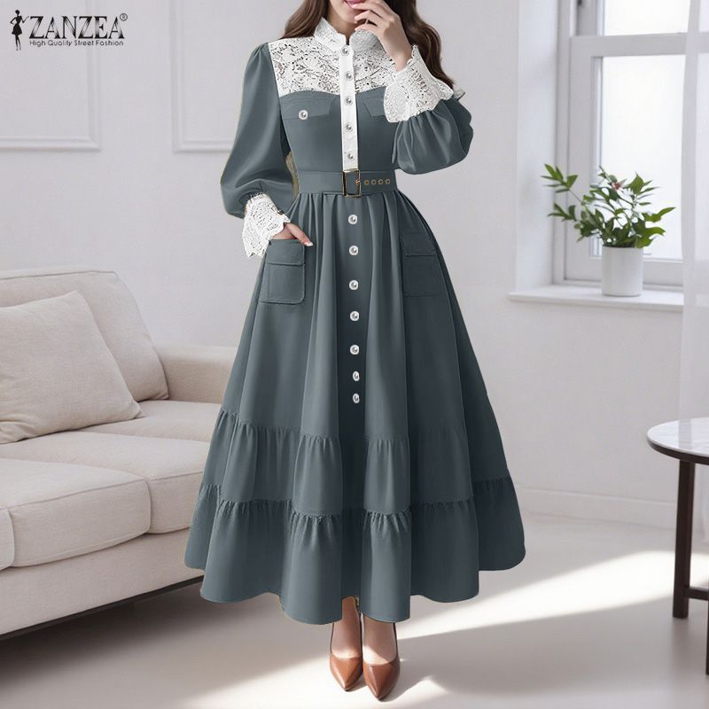 ZANZEA%20Korean%20Style%20Women%20Fashion%20Stand%20Collar%20Full%20Sleeve%20Dresses%20Stitching%C2%A0Color%20Lace%20Patchwork%20Loog%20Dress%20#1020%20-%20Image%203