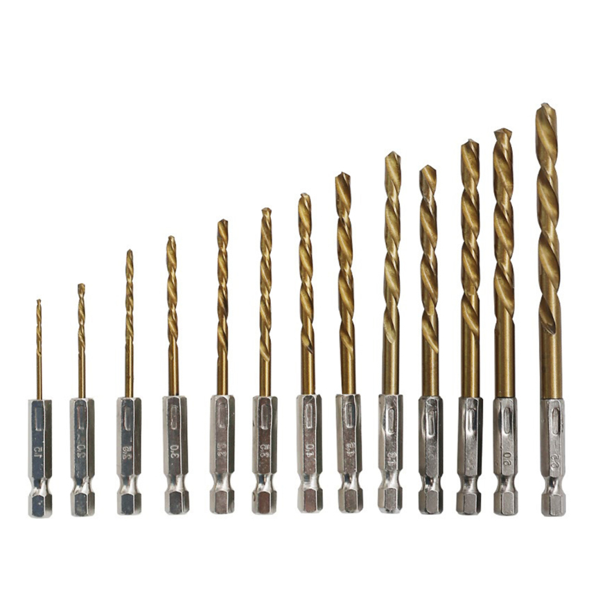 13pcs hexagon shank drill bit set 1.5-6.5mm hss twist drills titanium plating woodworking tools 1/4" hex shank metal drill bits