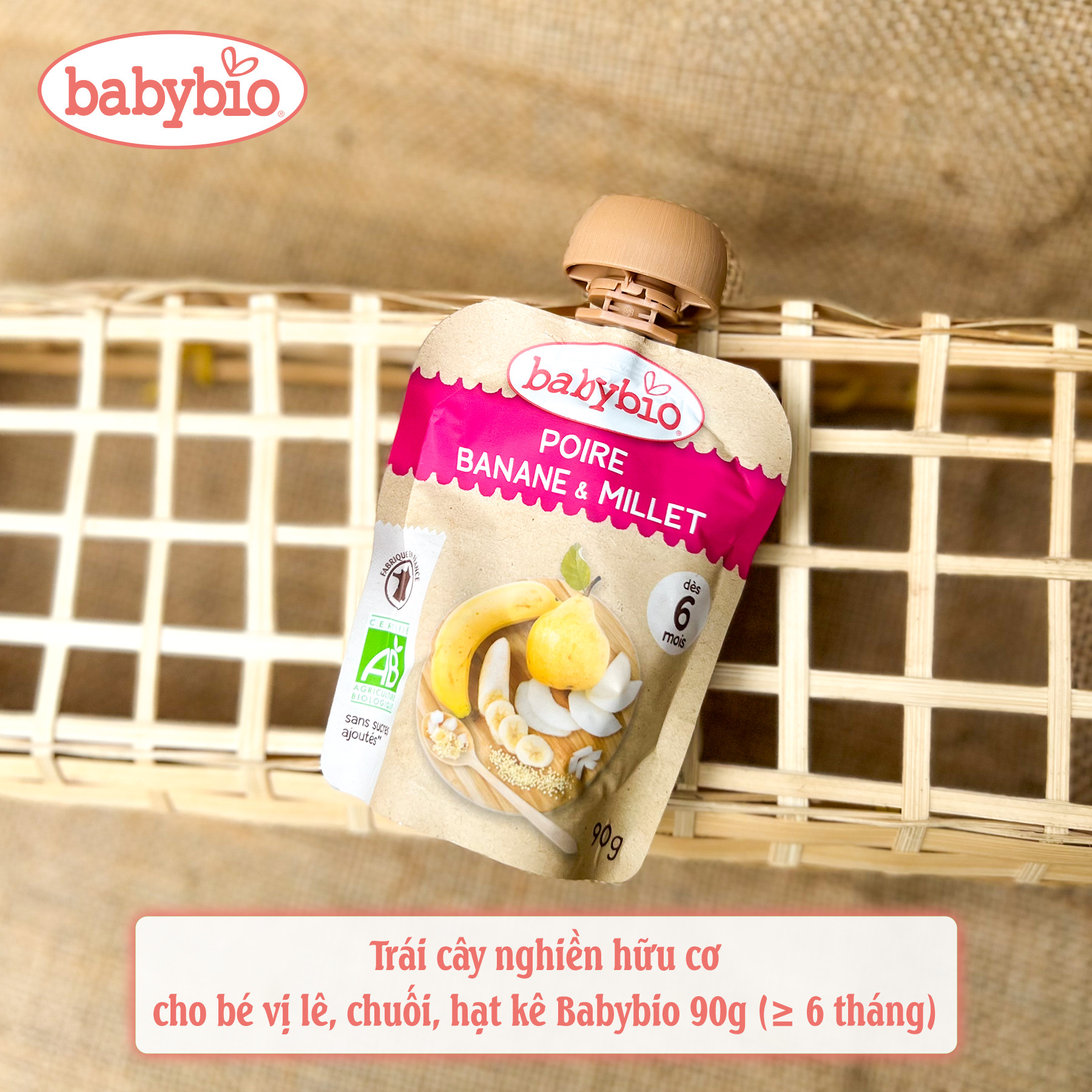 Trái cây nghiền hữu cơ cho bé vị lê, chuối, hạt kê Babybio 90g (≥ 6