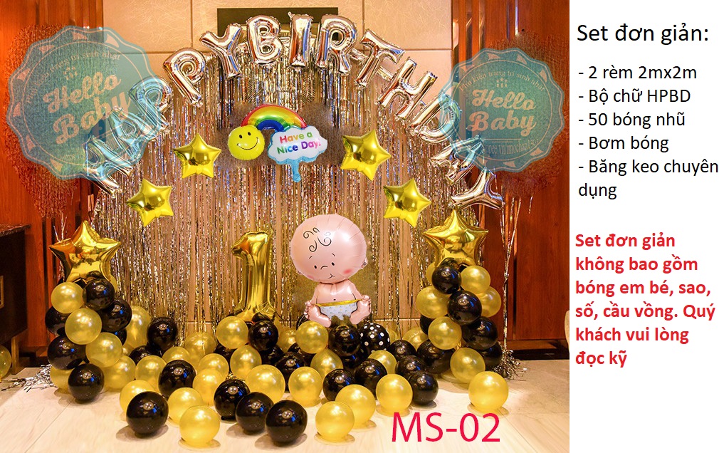 Combo 2 rèm kim tuyến + 50 bóng nhũ + bóng chữ Happy Birthday như hình (Kèm Bơm + Keo) - Hello Baby