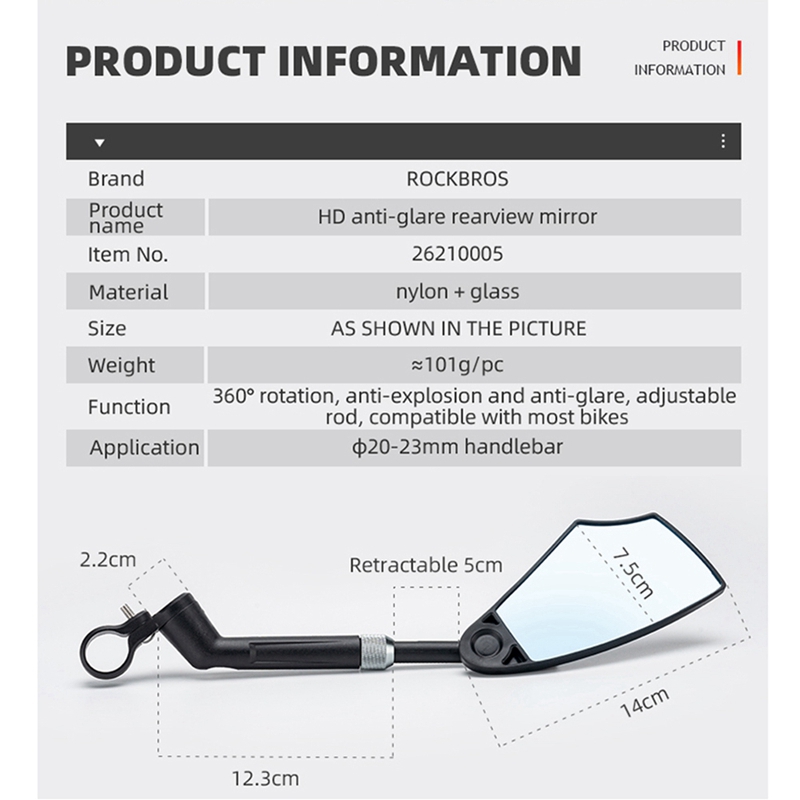ROCKBROS Bicycle Rearview Mirror Universal Wide-Range 360° Adjustable Mirror Accessory for Mountain Road Bike Scooter Safety