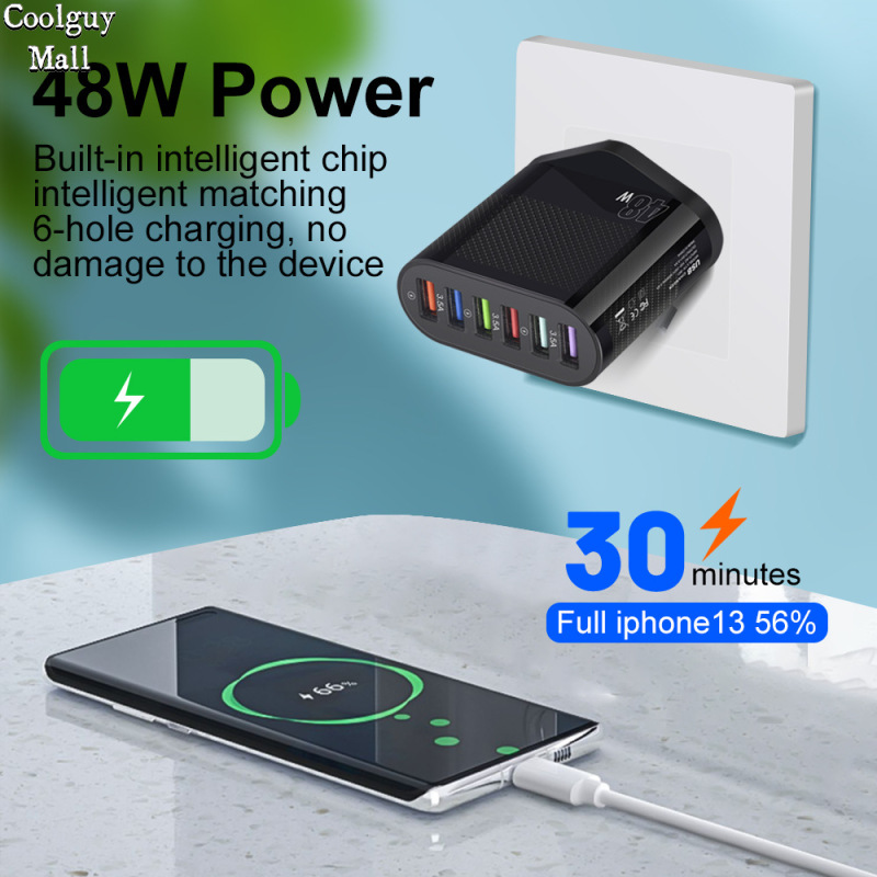 USB Wall Charger 48W 6-Port Fast Charging Block Adapter Plug Compatible For IPhone Android Tablet PC Mobile Phone