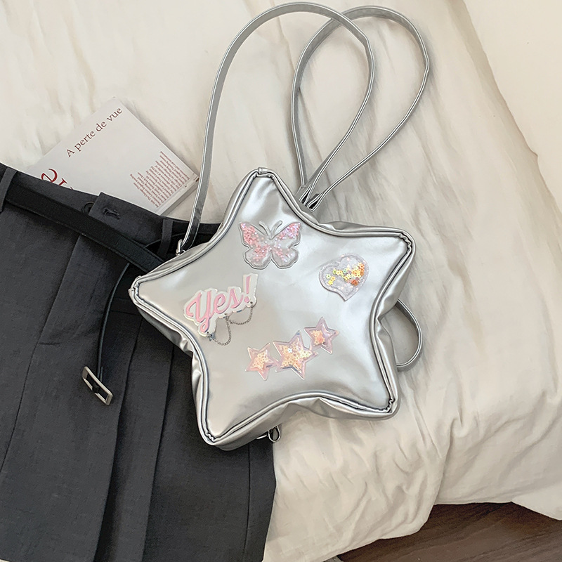 C&K Laser silver star pack New cool backpack Sparkling five-pointed star pack Dopamine cross-body bag