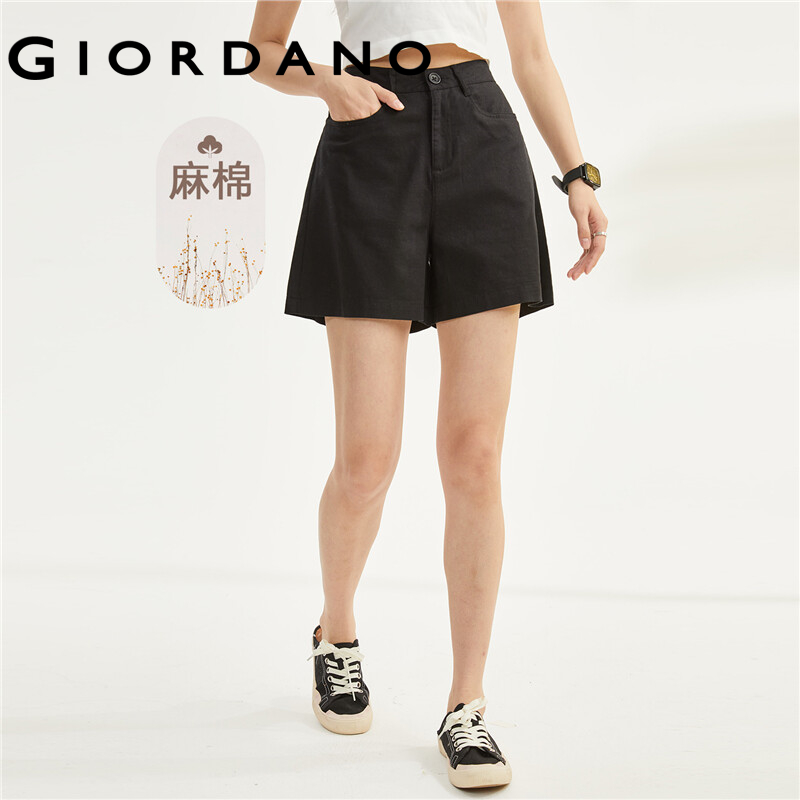 GIORDANO Women Shorts Linen Cotton Lightweight Shorts High Waist Solid Color Simple Comfort Summer Fashon Casual Shorts 05403304