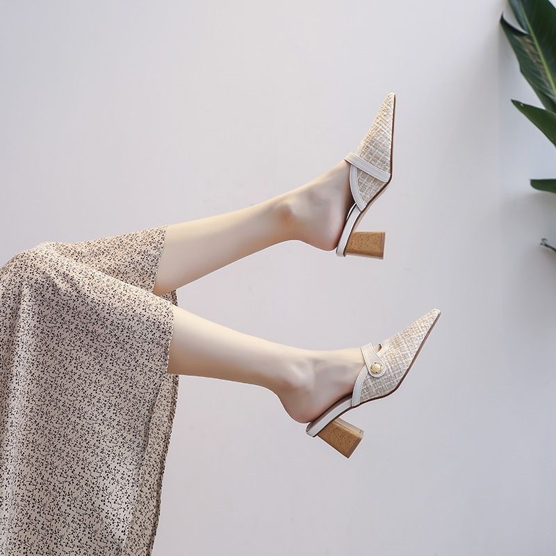 Venkao High Quality New Korean Style Leather Mules Shoes for Women Fashion Sandals for Women High Heels for Women Formal High Heels 070519