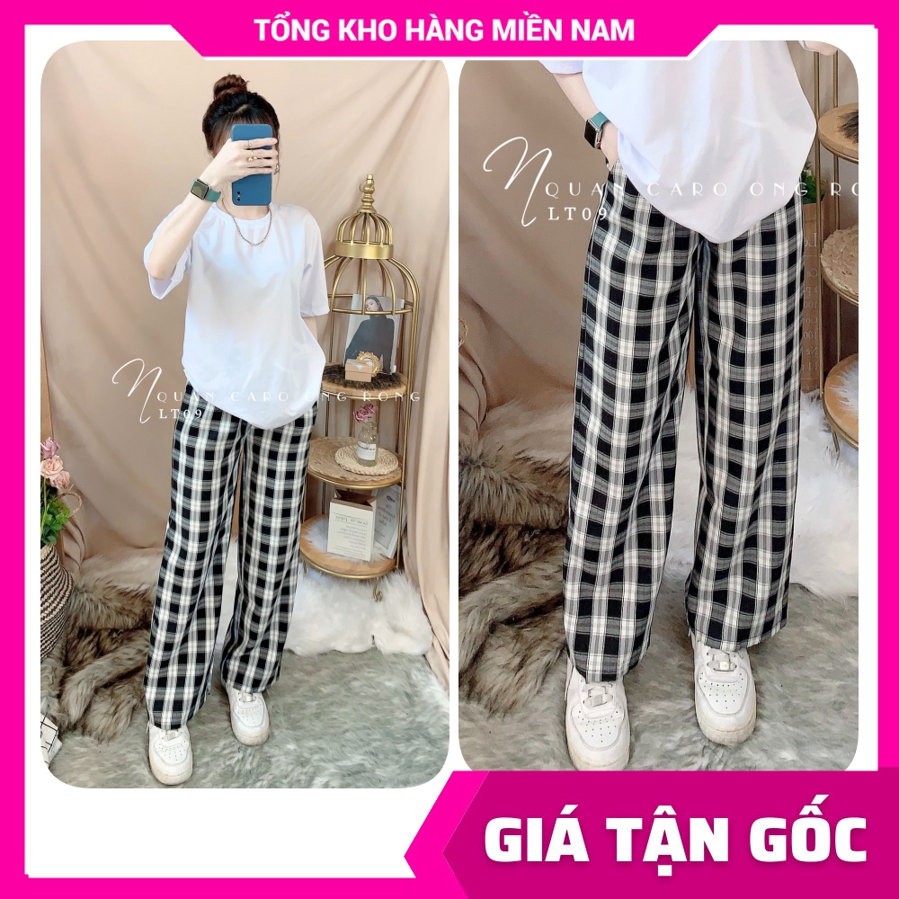Quần kẻ caro ống rộng dài - lưng thun unisex - lt09 ❤ quần baggy caro lưng thun 🛑 ảnh thật 🛑 quần caro ống rộng❤ quần baggy caro ❤ quần sọc caro ❤