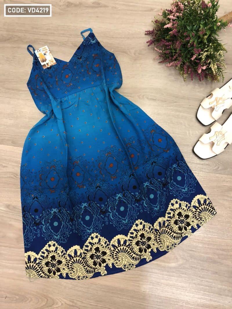 VÁY 2 Dây Vải Lanh (Tole) Hoa  – Đầm Dáng Xòe