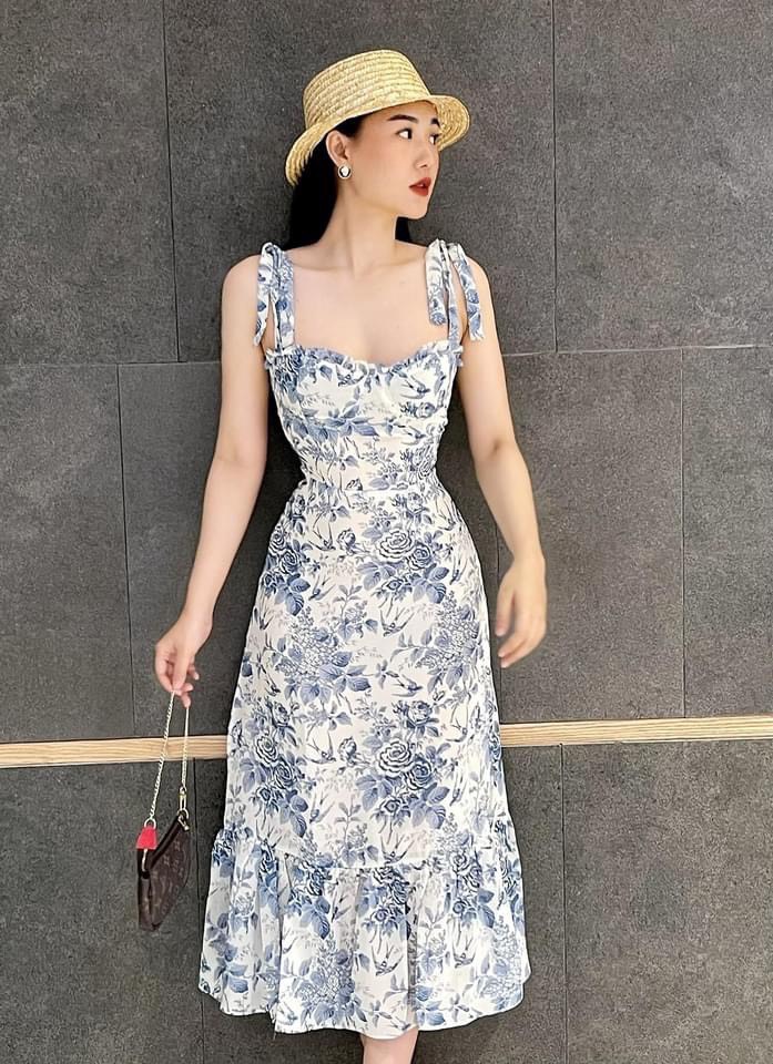 Váy nữ 2 dây cúp ngực đuôi cá hoa hồng xanh ZARA