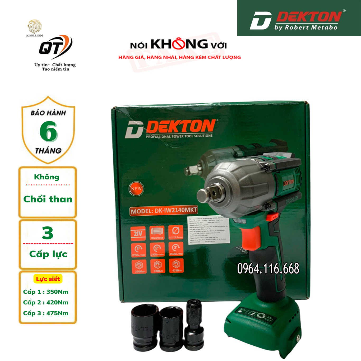 Thân máy siết bulong dùng pin 21V 475Nm DK - IW2140MKT Chính hãng Dekton