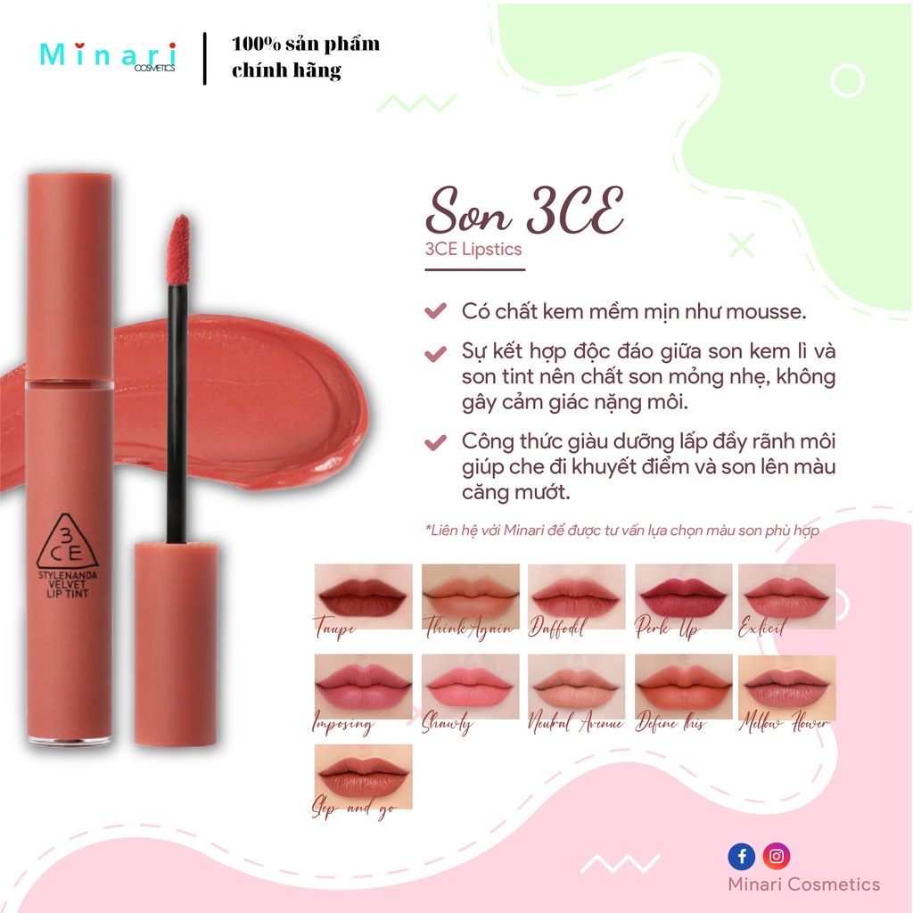 [Chính hãng - Bill Hàn] Son Kem Lì 3CE Soft Lip Lacquer