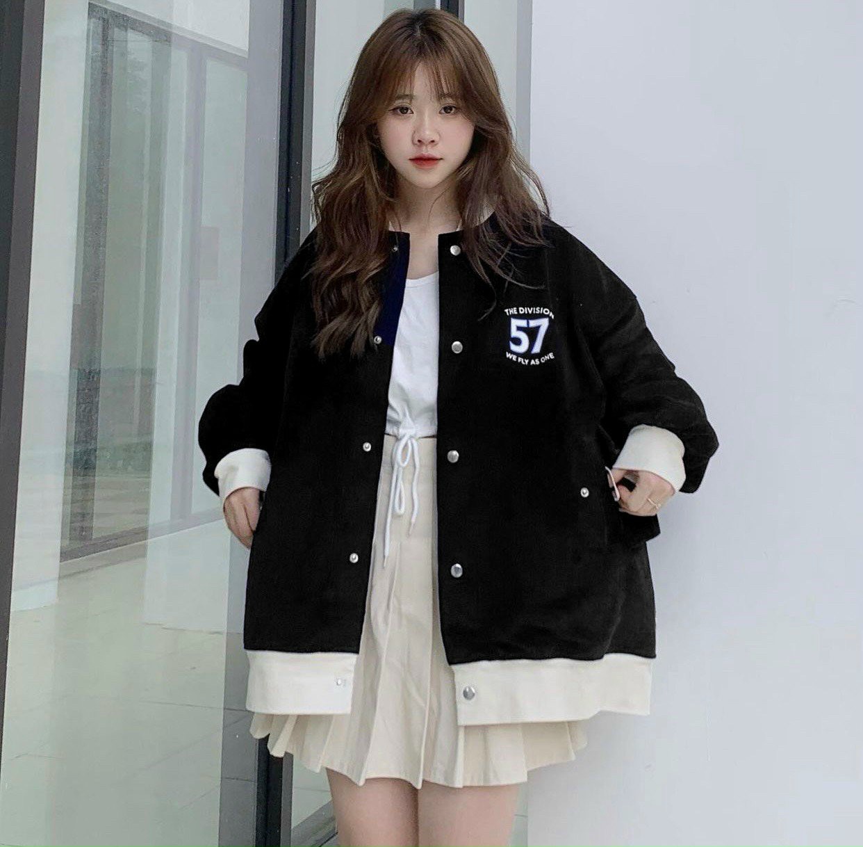 Áo khoác bomber nhung gân 57 logo thêu thời trang phối màu viền cực đẹp