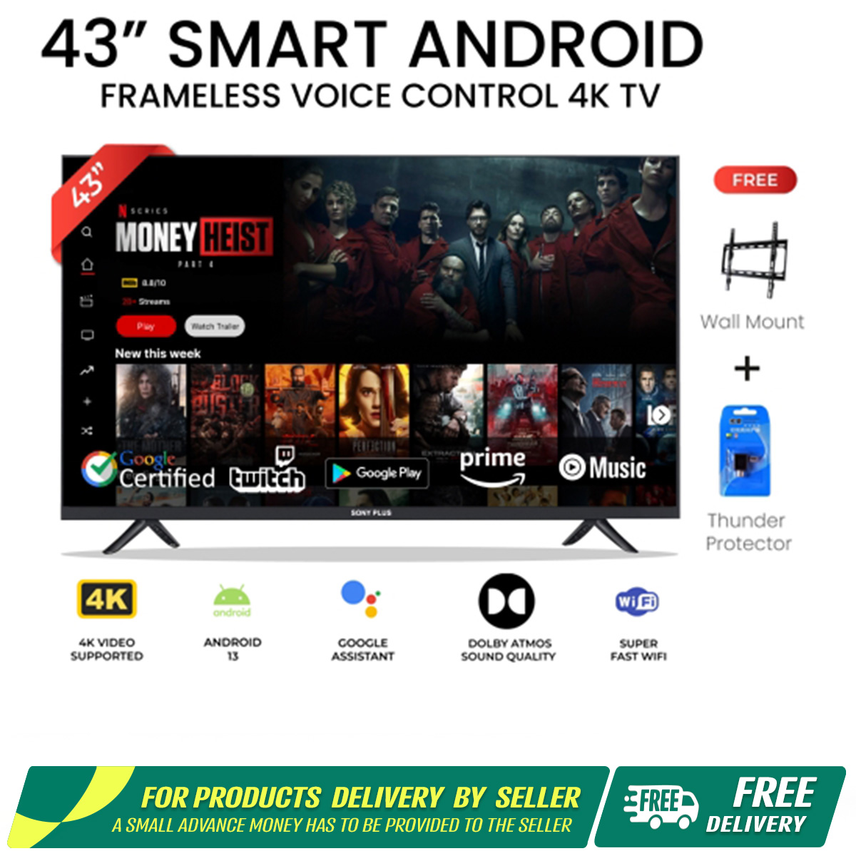 Sony Plus 43 inch Frameless Voice Control Smart LED TV Wi-Fi Full HD 4K Supported Android Television