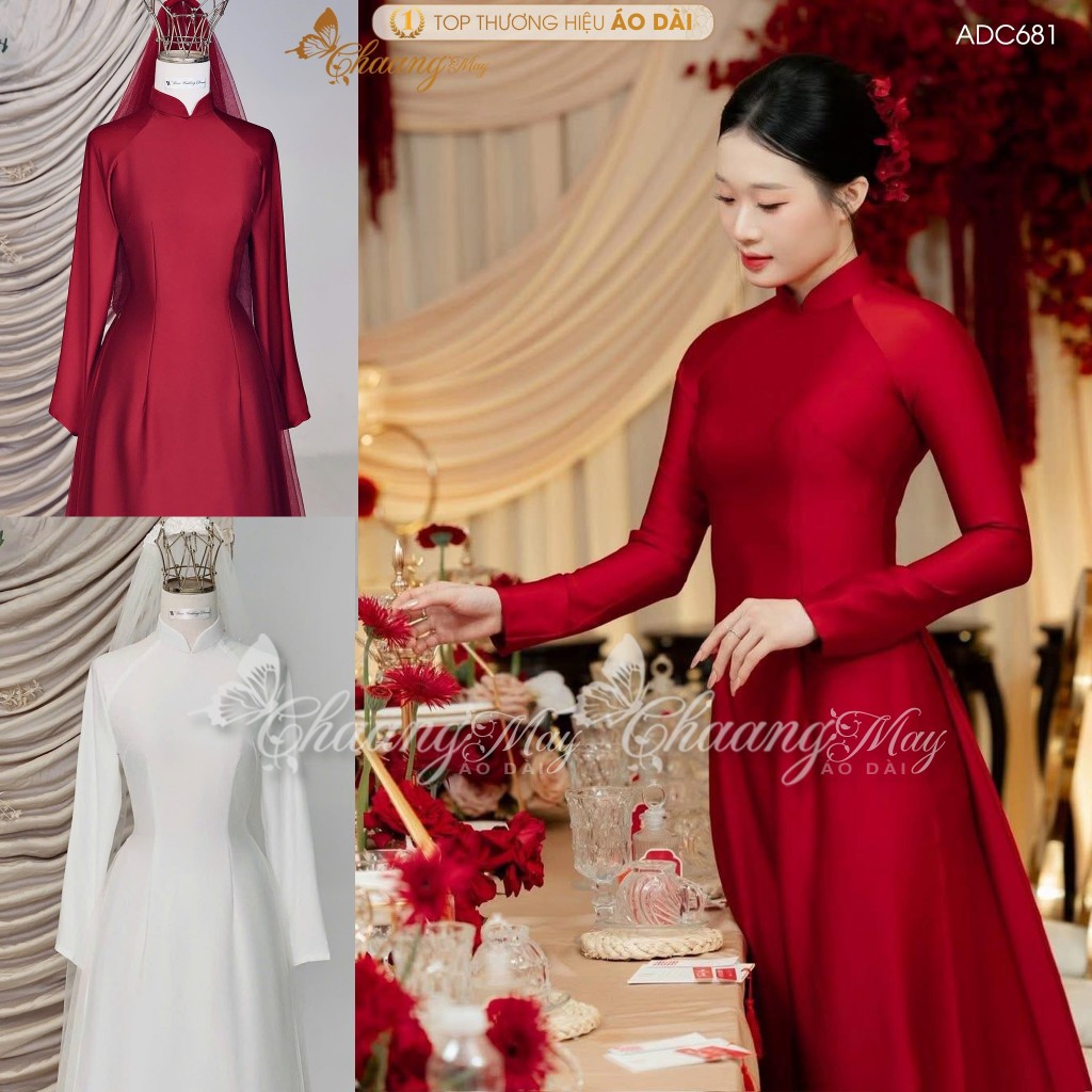 Áo dài cưới cô dâu truyền thống lụa Ruby cao cấp ADC681 may sẵn lụa 4 tà dự tiệc ăn hỏi lễ tết đẹp