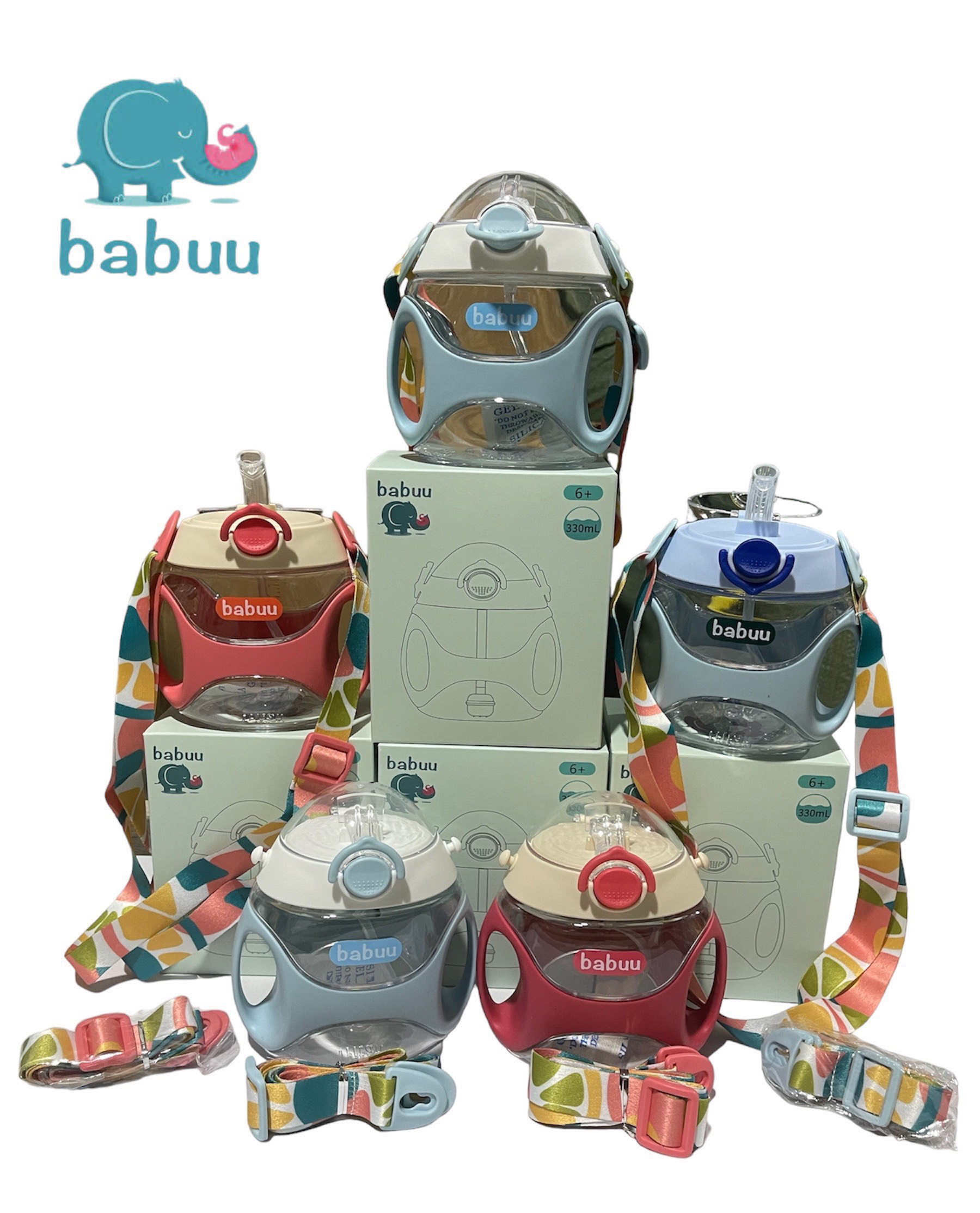 Bình nước bầu dục babuu 330ml có dây đeo, tay cầm cho bé carynlazada