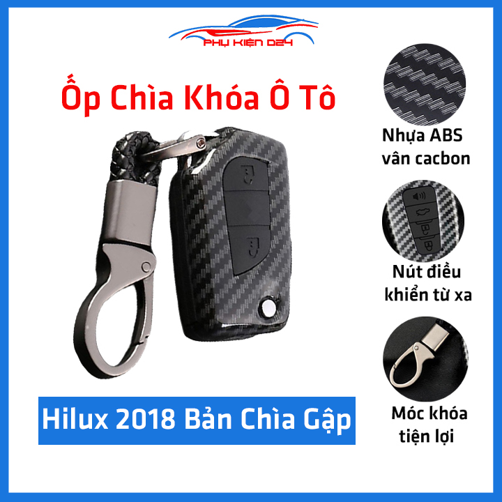 Ốp chìa khóa ô tô HILUX 2018 Bản Chìa Gập vân cacbon, vỏ bọc khóa xe hơi kèm móc khóa inox cao cấp