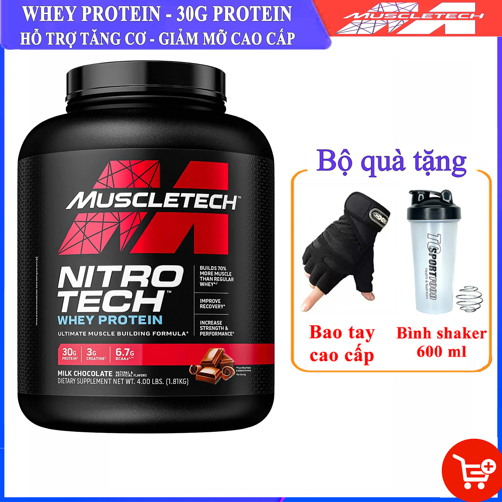 [TẶNG BAO TAY VÀ BÌNH] Sữa tăng cơ cao cấp Whey Protein Nitro Tech của MuscleTech hộp 1.8 kg hỗ trợ tăng cơ giảm cân đốt mỡ tăng sức bền sức mạnh vượt trội cho người tập gym và chơi thể thao thumbnail