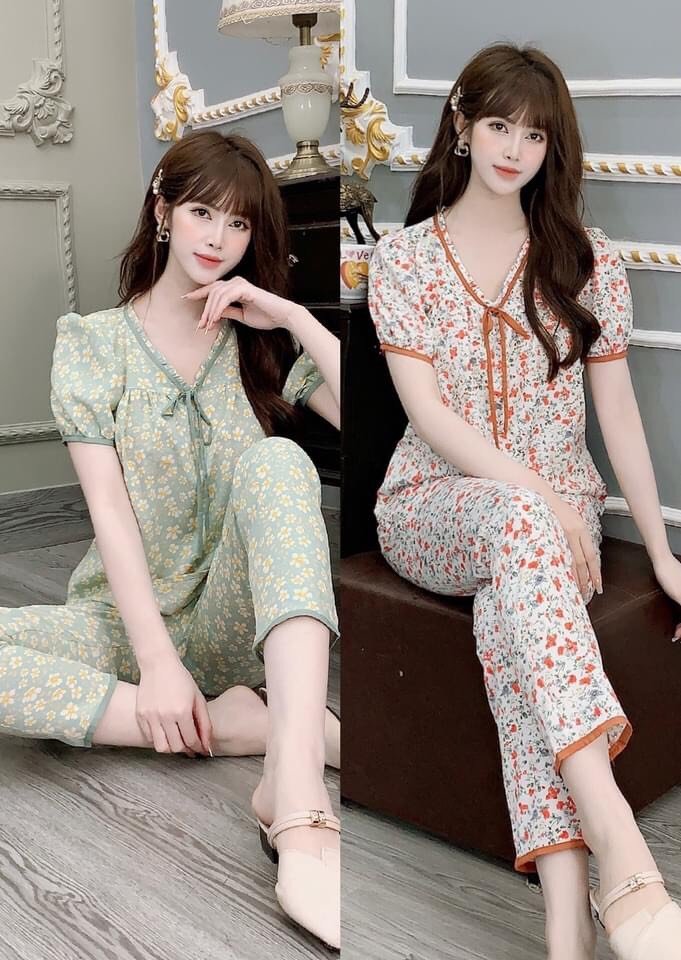 Set bộ lụa hoa nhí 100D cổ tim đính nơ mặc nhà dễ thương