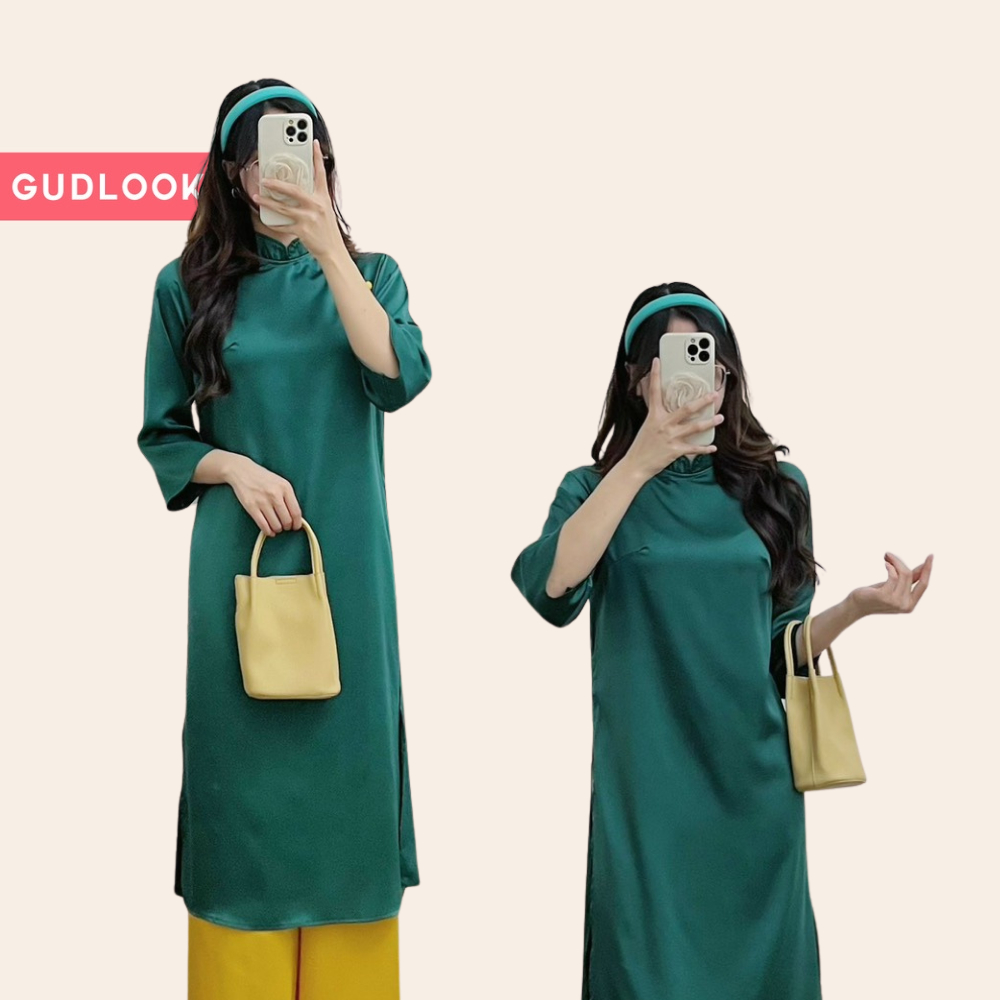Áo Dài Lụa Nữ Cách Tân Cúc Bọc GUDLOOK Trơn 4 Màu Phối